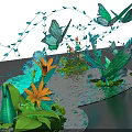 Decorative Water Scene With Blue Butterflies Green Leaves And Orange Flowers