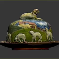 Colorful Decorative Hat Box With Sheep Motif And Countryside Scene Design