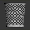 Silver Metal Trash Can With Diamond Lattice Design On Black Surface And Reflection
