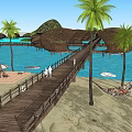 Tropical Beach Scenery with Palm Trees Wooden Boardwalk Thatched Roof Buildings and Hammocks