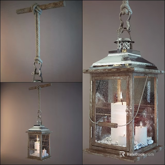 Vintage Lantern Style Chandelier With Glass Panels Metal Frame And Candle Accents 3d model 