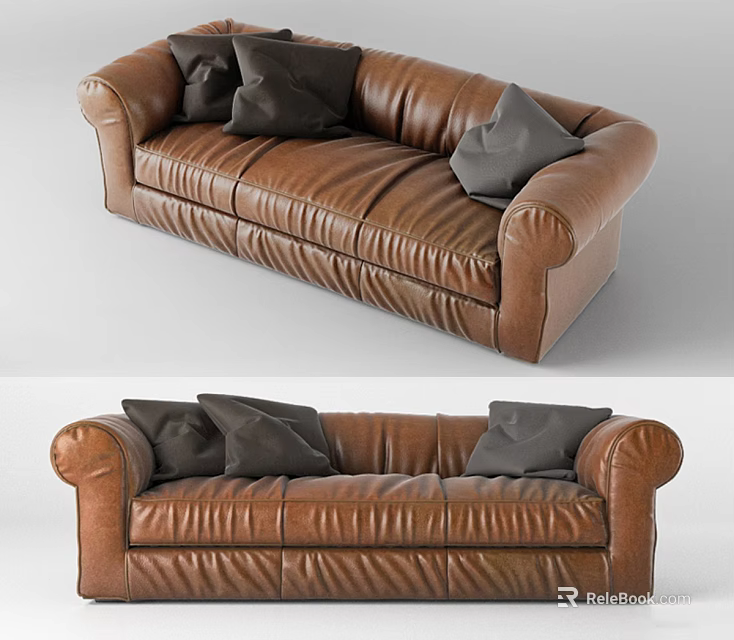 Brown Leather Two Seater Sofa With Black Cushions and Elegant Design 3d model