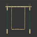 Outdoor Swing With Green Frame Golden Crossbar And Wooden Hanging Seat