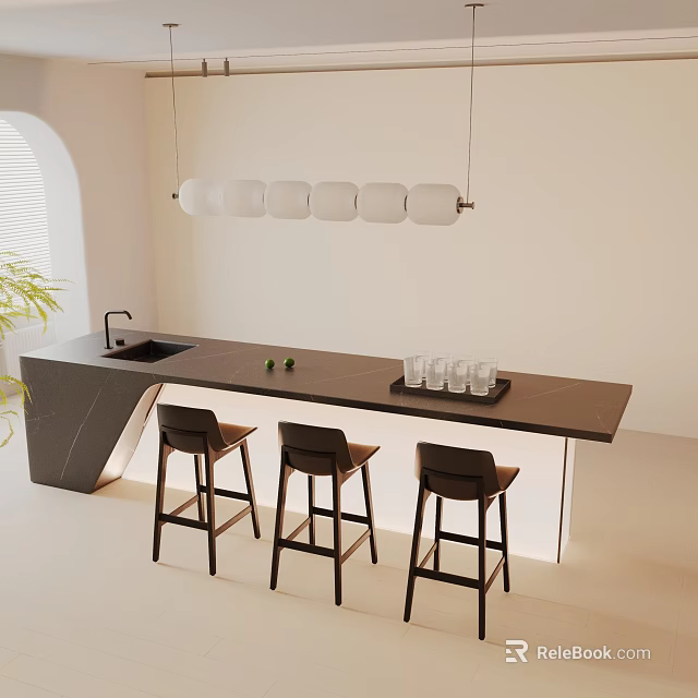 Modern Kitchen Island Dining Set With Black Countertop Bar Stools And Pendant Lights 3d model