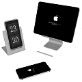 Apple MacBook On Stand With Digital Clock Mobile Phone And Stylus Pen