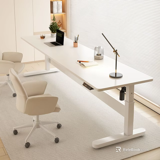 Modern White Height Adjustable Desk and Rolling Office Chairs with Laptop Pen Holder Green Plant 3d model 