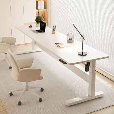 Modern White Height Adjustable Desk and Rolling Office Chairs with Laptop Pen Holder Green Plant 3d model