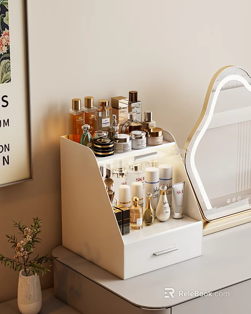 Multi layer White Cosmetic Organizer with Lighted Mirror for Makeup Skincare Products 3d model 