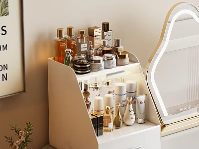 Multi layer White Cosmetic Organizer with Lighted Mirror for Makeup Skincare Products 3d model