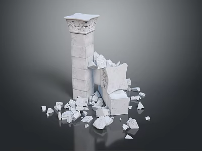 Broken White Stone Column With Decorative Capital And Scattered Stone Pieces 3d model