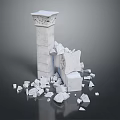 Broken White Stone Column With Decorative Capital And Scattered Stone Pieces 3d model