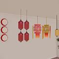 Traditional Red and Yellow Decorative Lanterns Hanging Indoor on Wall and Ceiling