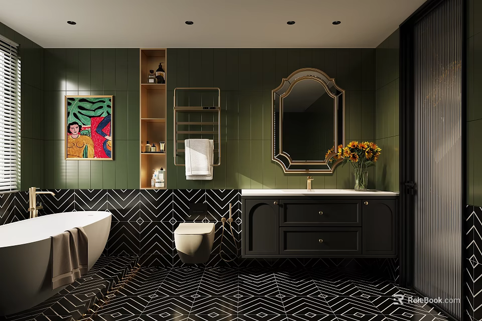 Stylish Bathroom Interior With Green Walls Black White Geometric Tiles Bathtub Mirror Vanity And Artwork 3d model 