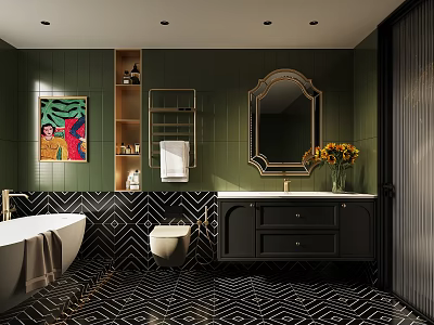 Stylish Bathroom Interior With Green Walls Black White Geometric Tiles Bathtub Mirror Vanity And Artwork 3d model