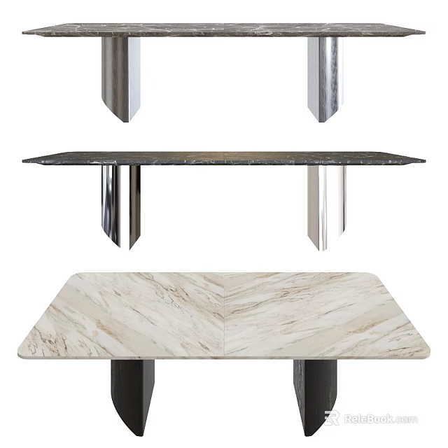 Modern Dining Table With Black And Light Colored Marble Tabletop And Metal Legs 3d model 