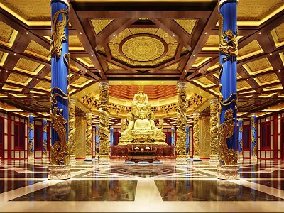 Sacred Buddhist Temple Interior With Golden Buddha Statue Blue Pillars Ornate Ceiling And Marble Floor 3d model