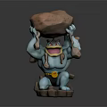 Muscular Blue Creature Character Standing Holding Large Rock Above Head On Wooden Base