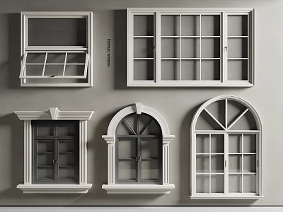 Various Casement Windows With White Frames Grid Designs And Arched Rectangular Shapes 3d model