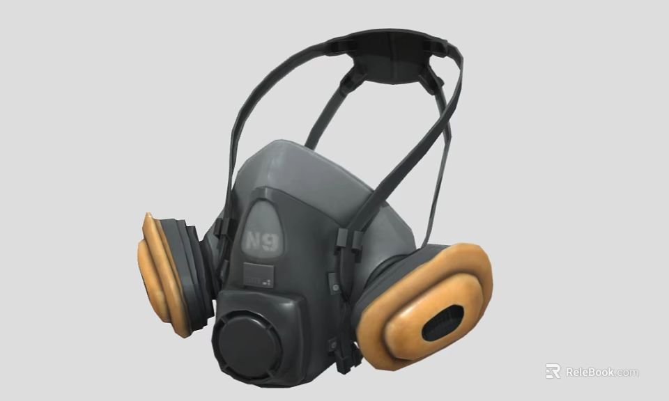 N95 Protective Gas Mask With Gray Body Brown Ear Cups And Head Straps 3d model 