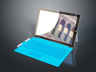 Modern Electronic Tablet With Blue Keyboard Stylus Pen Displaying Building View 3d model