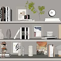 Decorative Ornament Set With Bookshelf Books Frames Vases Clock And Green Plant
