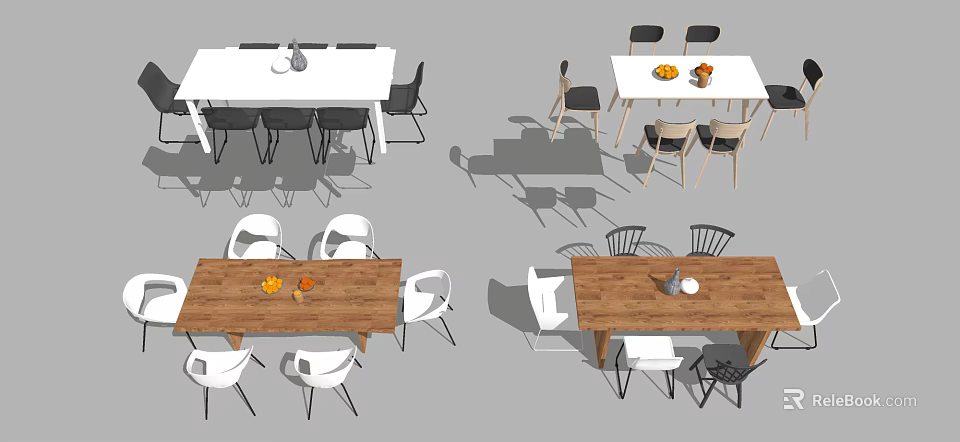 Modern Wooden Dining Table Combinations With Various Chairs And Fruit Platters 3d model