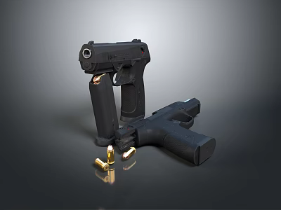 Black Handgun Displayed Alongside Another Handgun With Scattered Bullets On Dark Surface 3d model