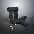 Black Handgun Displayed Alongside Another Handgun With Scattered Bullets On Dark Surface 3d model
