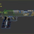 Futuristic Sci-Fi Pistol With Metallic Finish Gold Blue Accents And Glowing Elements
