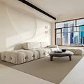 Modern Living and Dining Room Interior With Large Windows City View Light Tones And Sofa