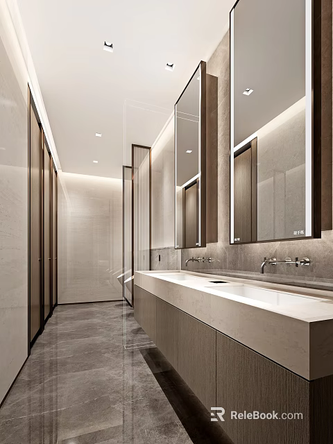Modern Public Restroom Interior Design With Marble Countertop Wall Mirrors And Storage Cabinets 3d model 