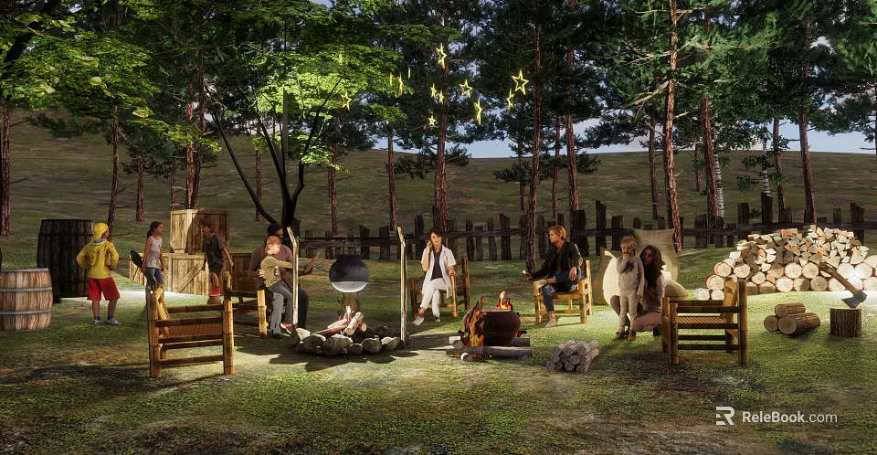 Wooded Camping Site With Campfire People Sitting Around And Natural Surroundings 3d model 