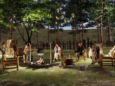 Wooded Camping Site With Campfire People Sitting Around And Natural Surroundings 3d model