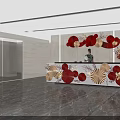 Elegant Reception Desk Area With Red And Beige Paper Flower Decorations And Vase