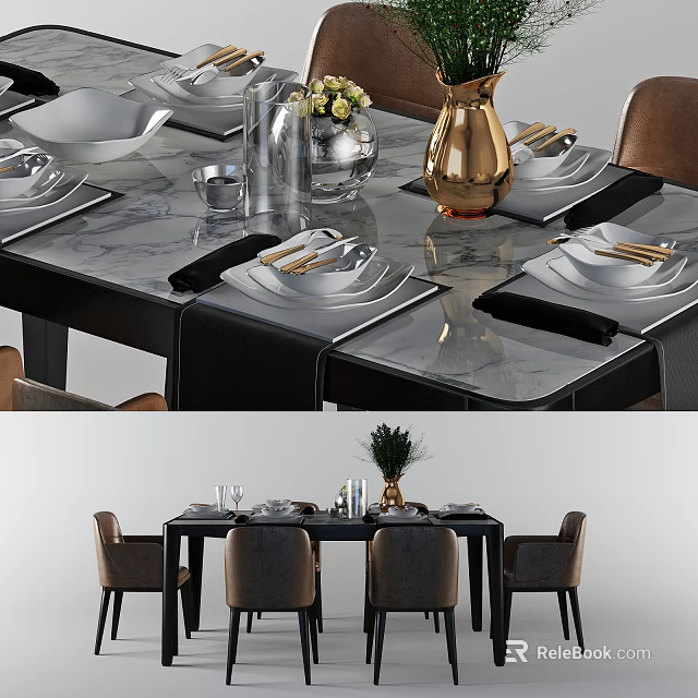 Modern Dining Table Set with Glass Top Chairs Gold Vase and Tableware 3d model