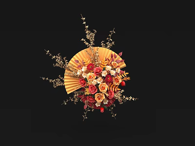 Vase with Colorful Floral Arrangement Roses Orange Red Blooms and Golden Fan Decor 3d model