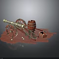 Vintage Military Cannon Display With Wooden Barrel Cannonballs And Crate On Red Planks