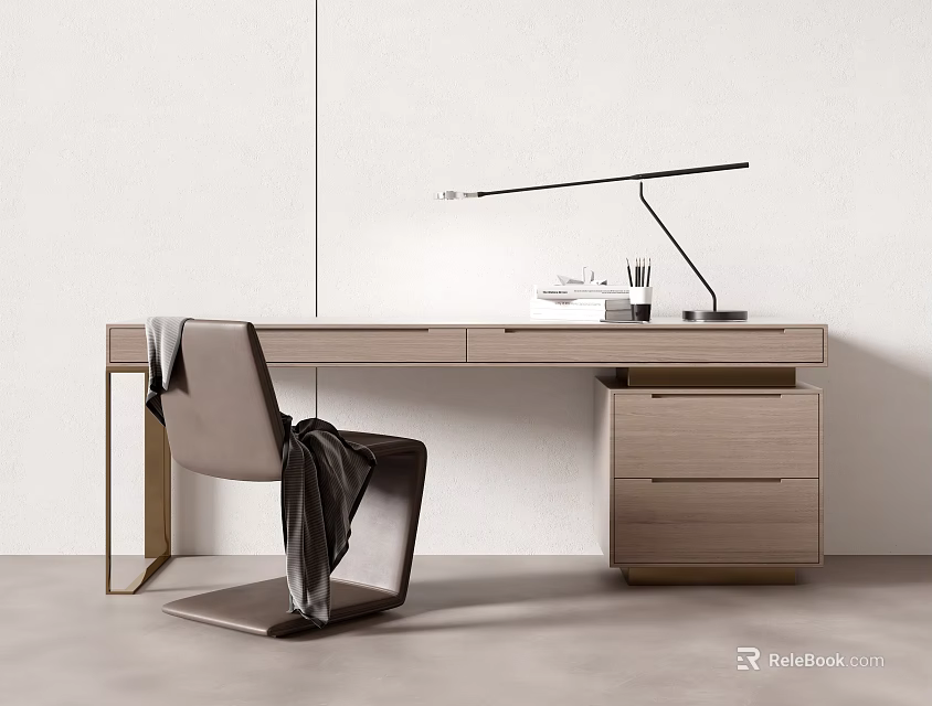 Modern Minimalist Wooden Desk with Table Lamp Cup Documents and Chair with Blanket 3d model 