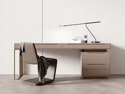 Modern Minimalist Wooden Desk with Table Lamp Cup Documents and Chair with Blanket 3d model