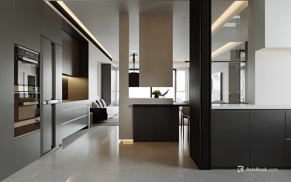 Modern Living Dining Room Open Interior With Dark Cabinets Kitchen Island And Sofa 3d model 
