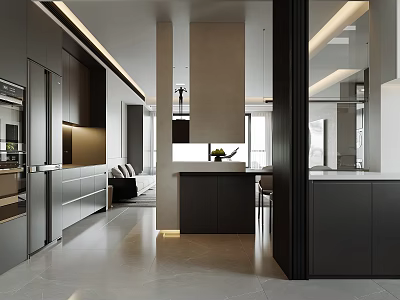 Modern Living Dining Room Open Interior With Dark Cabinets Kitchen Island And Sofa 3d model