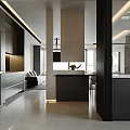 Modern Living Dining Room Open Interior With Dark Cabinets Kitchen Island And Sofa