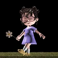 Little Girl in Purple Dress Holding Daisy on Green Grass under Blue Sky White Clouds