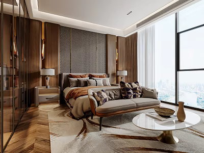 Modern Bedroom Interior Design With Wooden Walls Large Bed Sofa And Floor To Ceiling Windows 3d model
