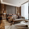 Modern Bedroom Interior Design With Wooden Walls Large Bed Sofa And Floor To Ceiling Windows