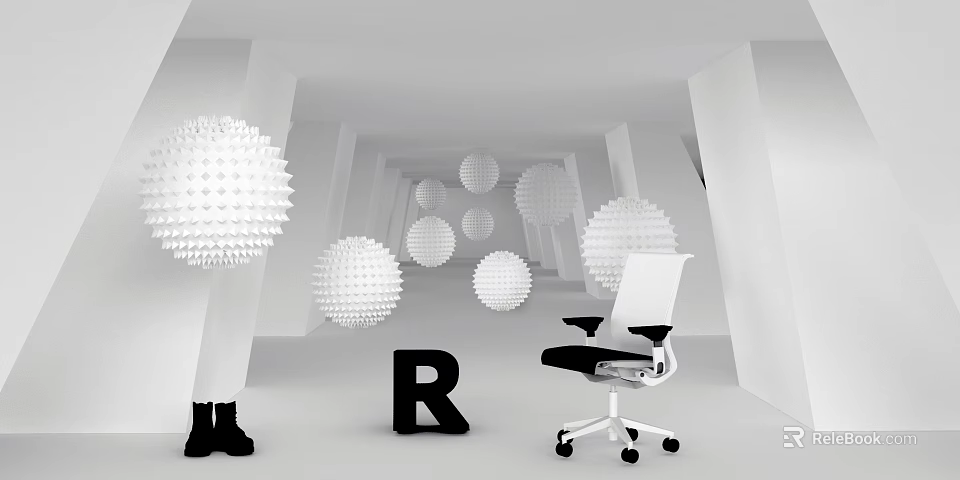 Modern Black and White Office Space With Geometric Spheres Letter Decor and Ergonomic Chair 3d model 