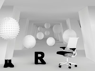 Modern Black and White Office Space With Geometric Spheres Letter Decor and Ergonomic Chair 3d model