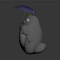 Cute 3D Totoro Character Holding Blue Umbrella With Green Hat Against Gray Background