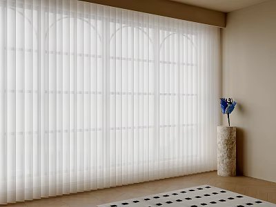White Vertical Curtains For Arched Windows With Decorative Vase And Blue Flowers 3d model