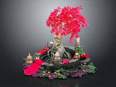 Red Tree Decorative Landscape With Exposed Roots Colorful Flowers And Ornaments 3d model